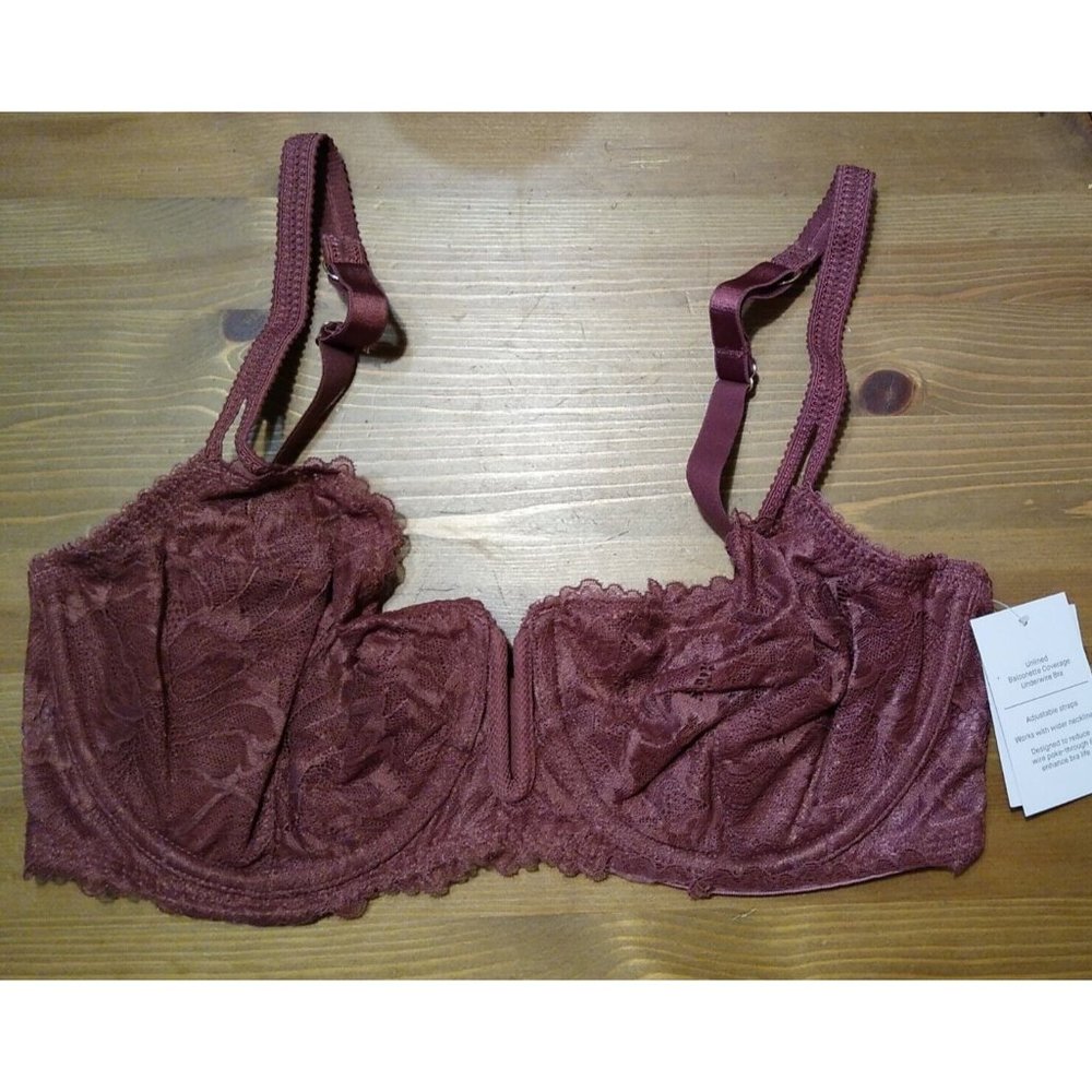 Auden Burgundy Red Lacy Unlined Underwire Balconette Bra Size 34D New with Tags